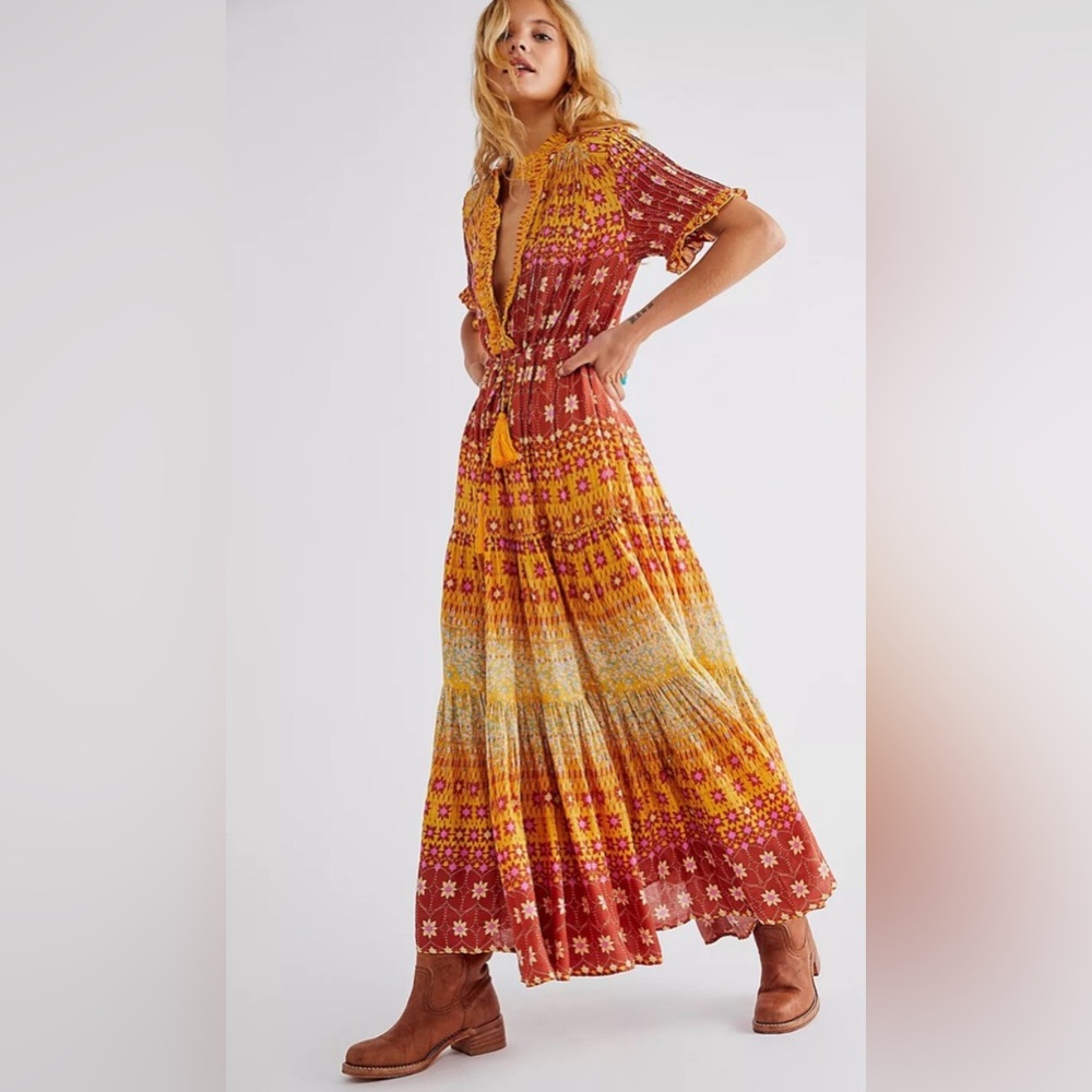 Free People Rare Feeling Maxi Dress Boho Floral Tassel